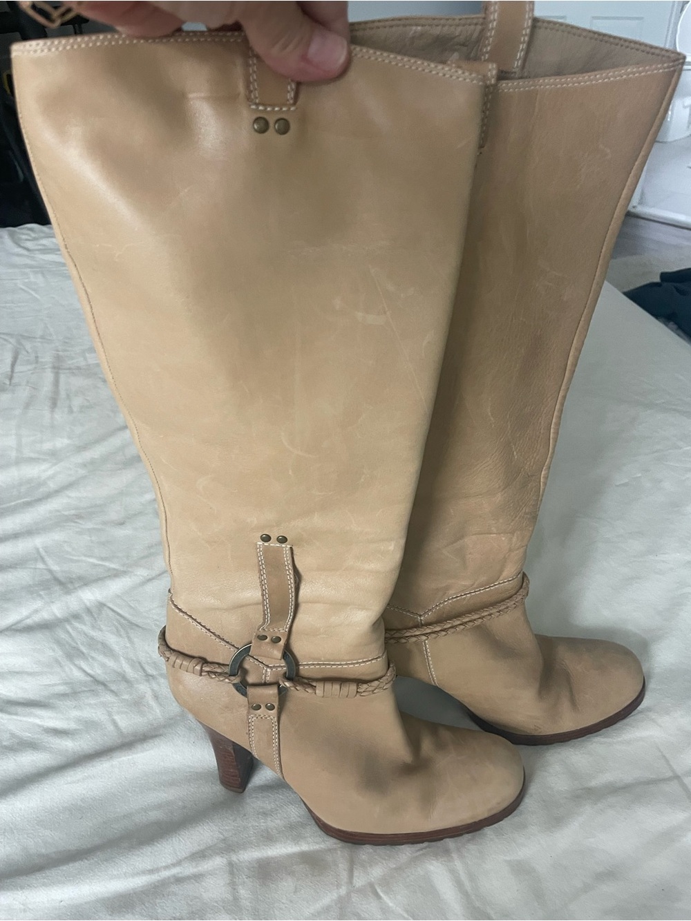 Guess Beige/Tan Leather Knee-High Heeled Boots